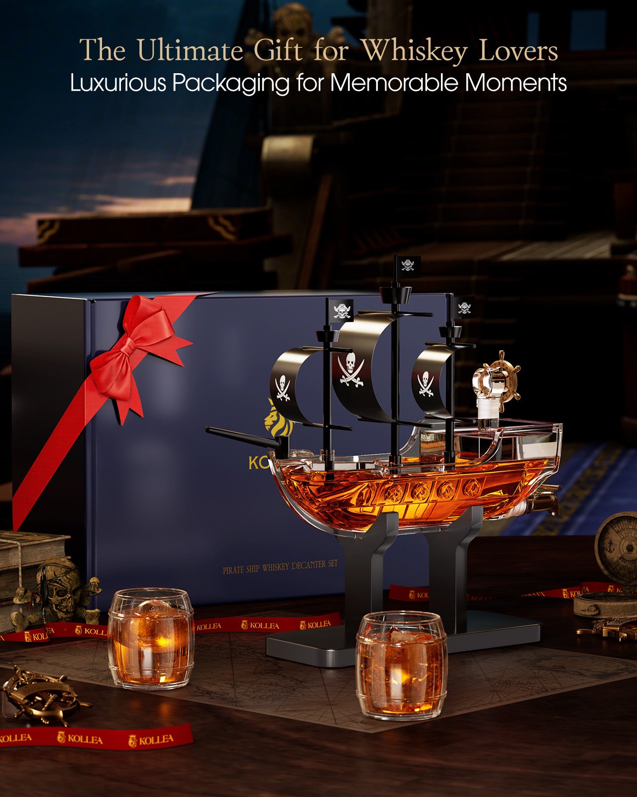 Kollea Pirate Ship Whiskey Decanter Gift Set with 2 Glasses