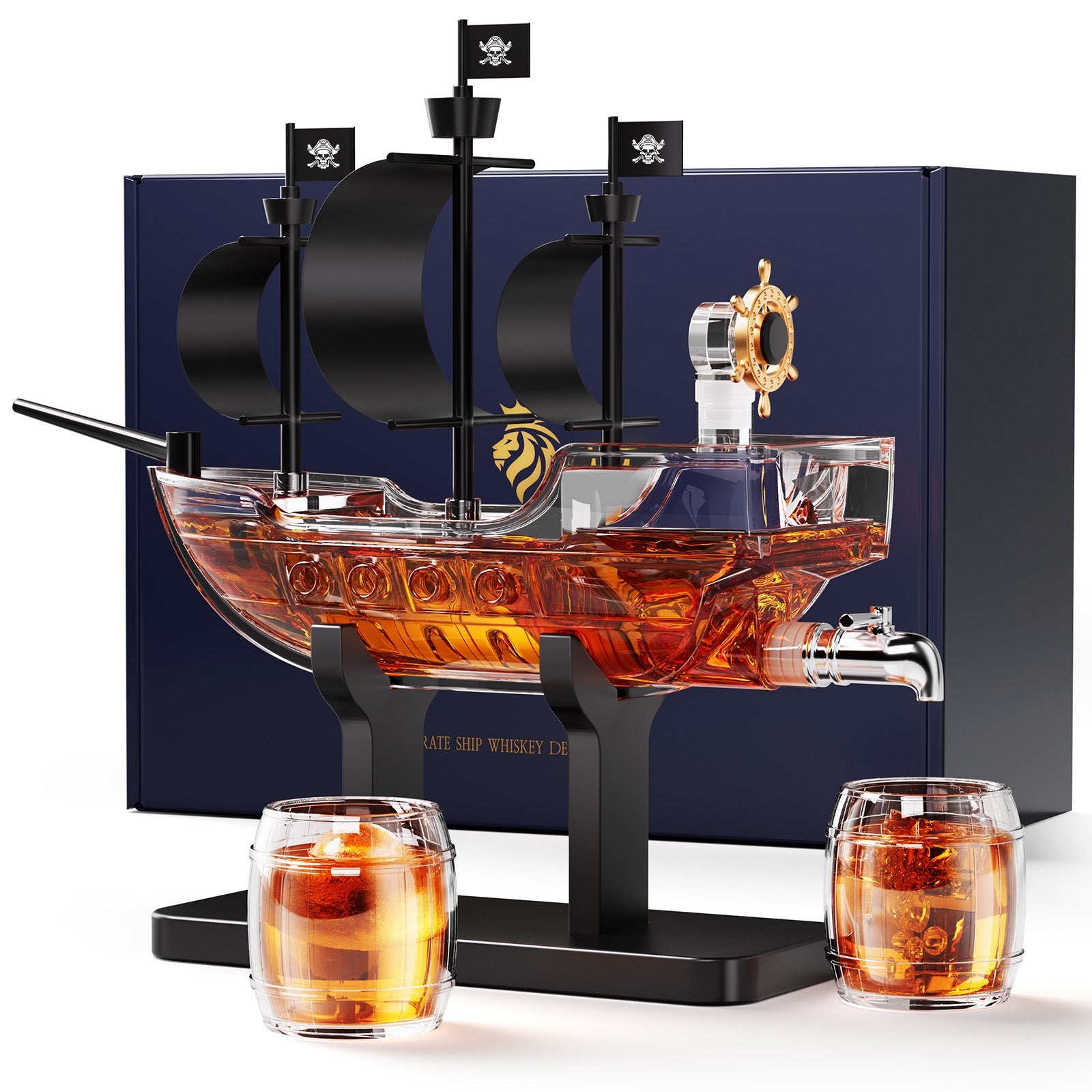 Kollea Pirate Ship Whiskey Decanter Gift Set with 2 Glasses