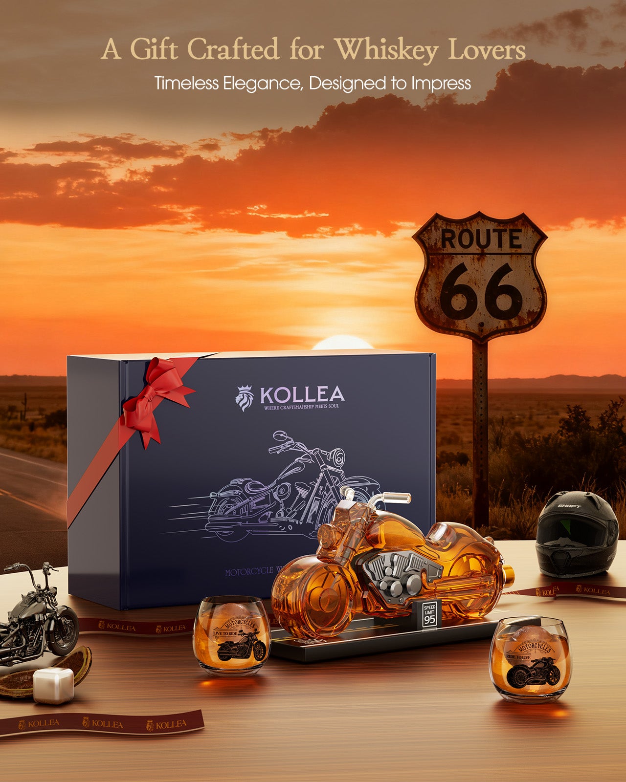 Kollea Motorcycle Whiskey Decanter Gift Set with 2 Glasses