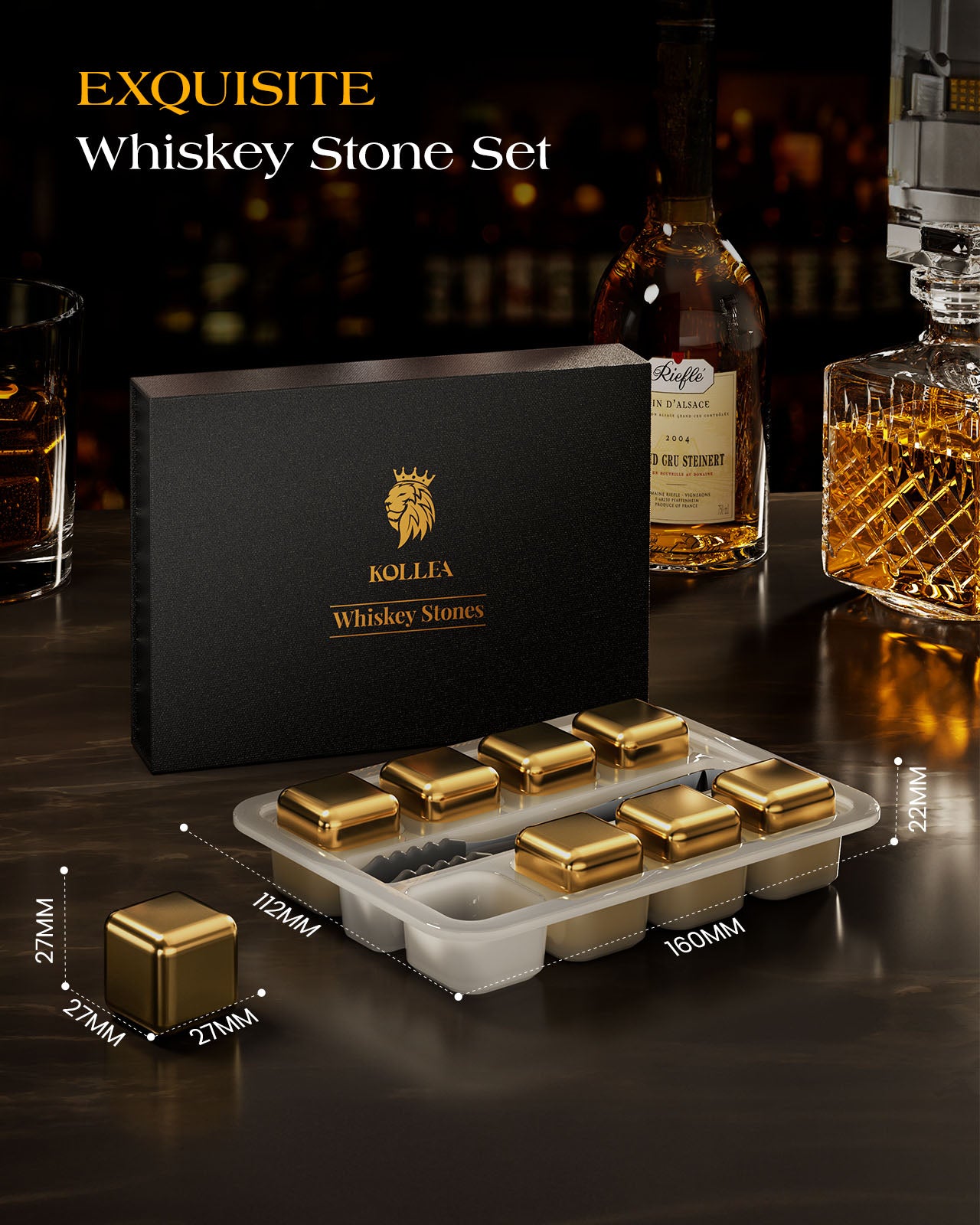 Kollea 8 Pack Gold Stainless Steel Whiskey Stones, Gifts for Whiskey Drinkers