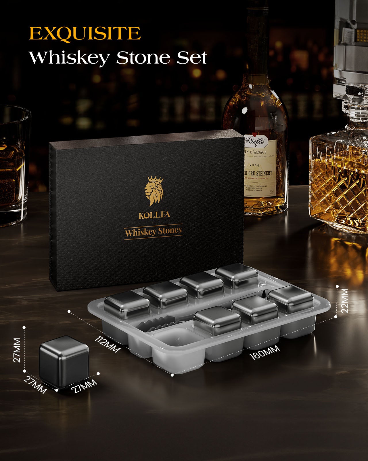 Kollea 8 Pack Sliver Stainless Steel Whiskey Stones, Gifts for Whiskey Drinkers