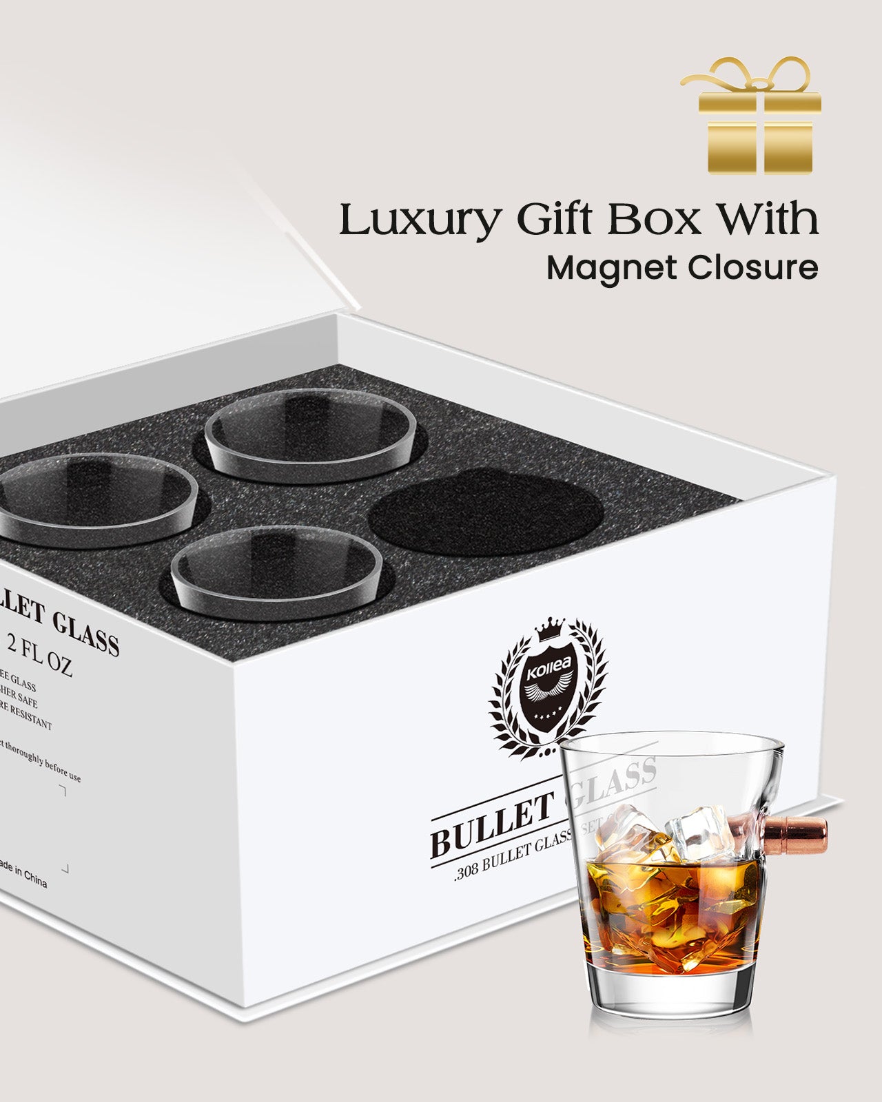 Whiskey Glasses and Whiskey Bullets - Premium Whiskey Glass Set, 2 Glasses for Scotch or Bourbon in Gift Box | Stainless Steel Whisky Stones Shaped