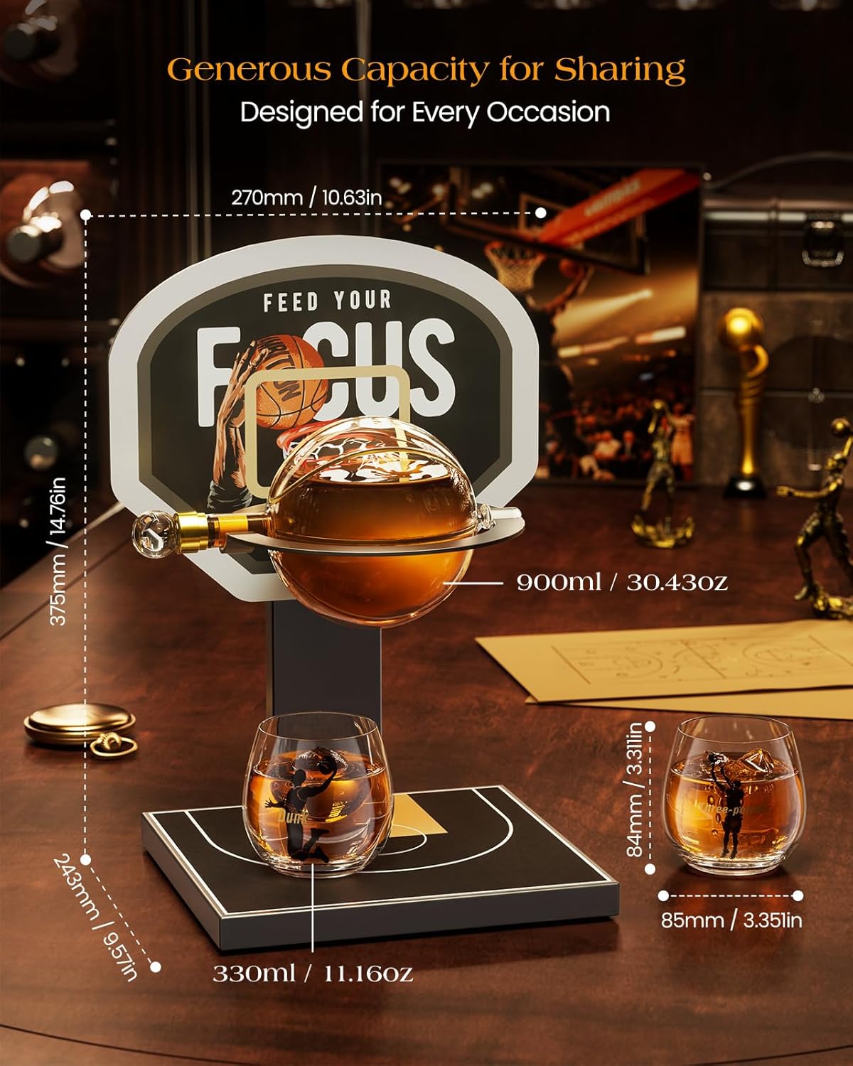 Kollea Basketball Whiskey Decanter Set with 2 Glasses - Black