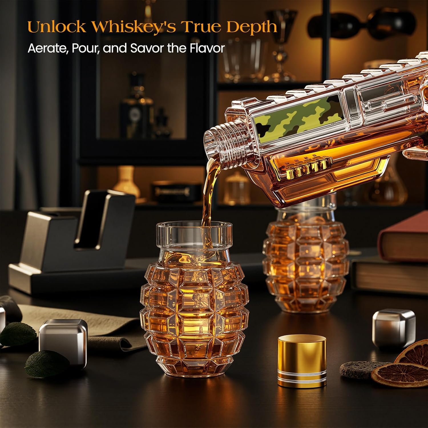 Kollea Camouflage Whiskey Decanter Sets with Grenade Shot Glasses