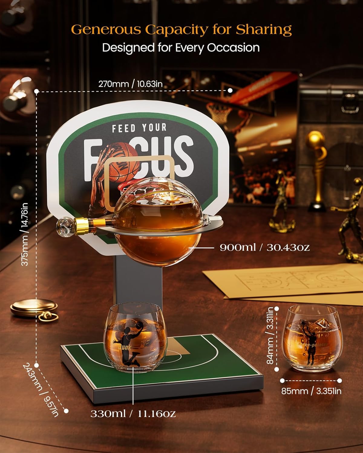 Kollea Basketball Whiskey Decanter Set with 2 Glasses - Green