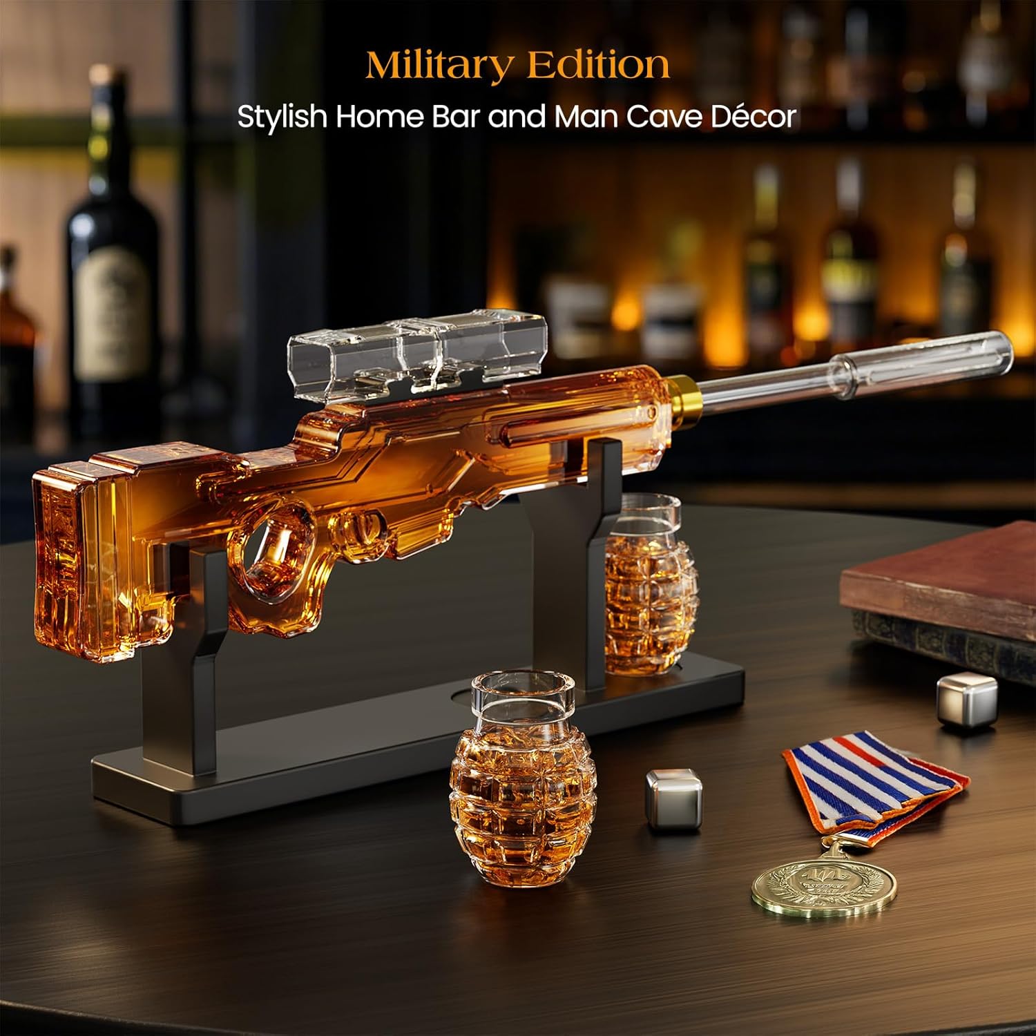 Kollea Sniper Whiskey Decanter Set with 2 Granade Glasses