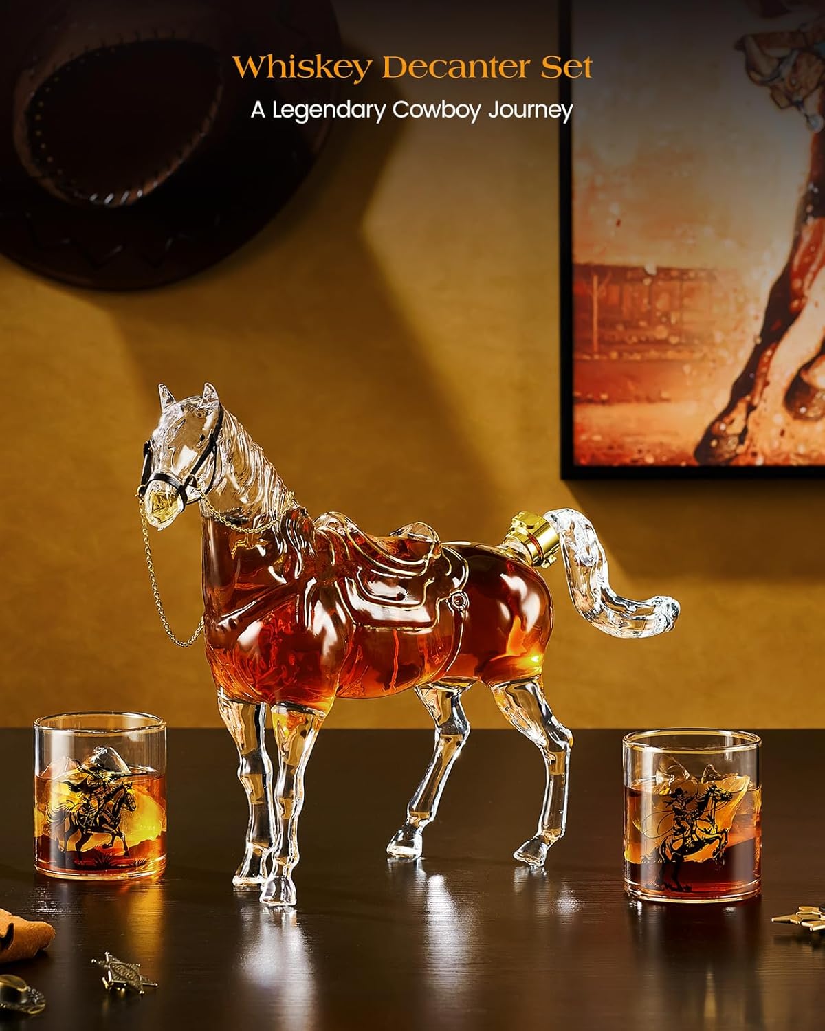 Kollea Horse Whiskey Decanter Set with 2 Cowboy Glasses