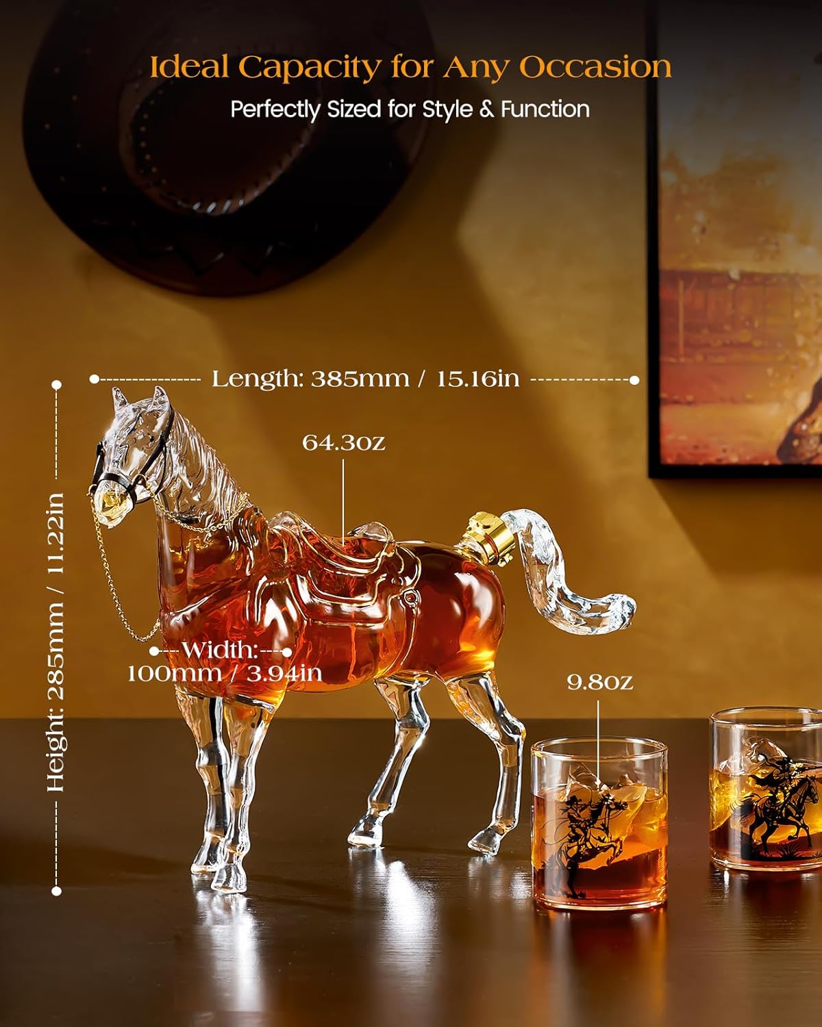 Kollea Horse Whiskey Decanter Set with 2 Cowboy Glasses