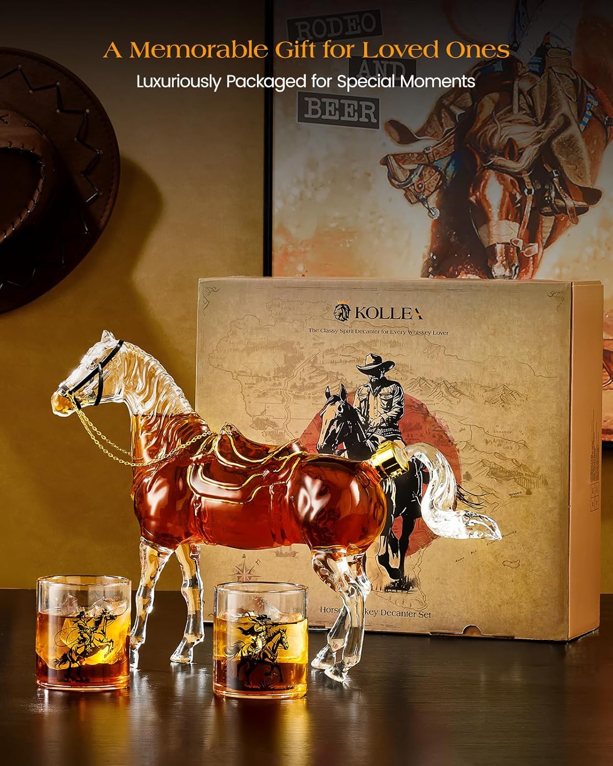 Kollea Horse Whiskey Decanter Set with 2 Cowboy Glasses