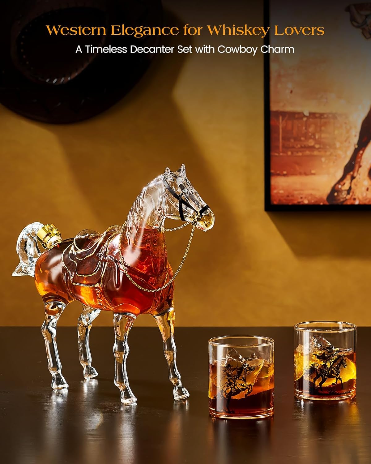 Kollea Horse Whiskey Decanter Set with 2 Cowboy Glasses