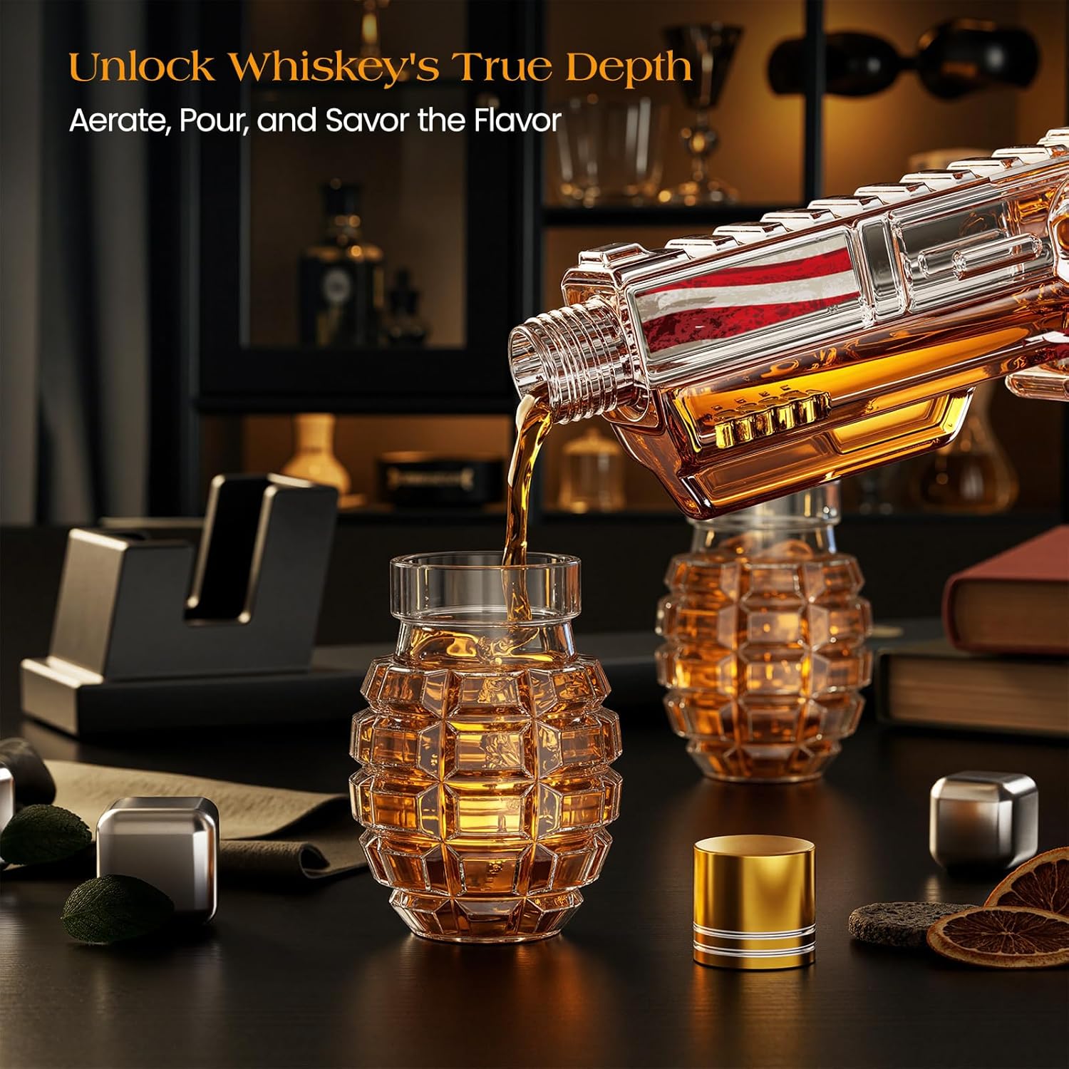 Kollea Flag Whiskey Decanter Sets with Grenade Shot Glasses