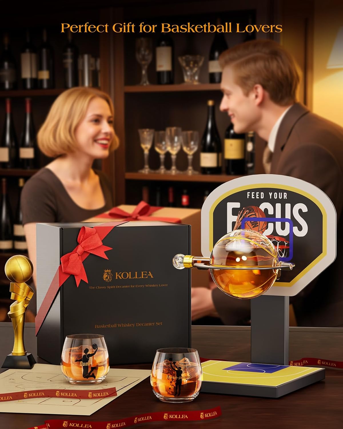 Kollea Basketball Whiskey Decanter Set with 2 Glasses - Yellow