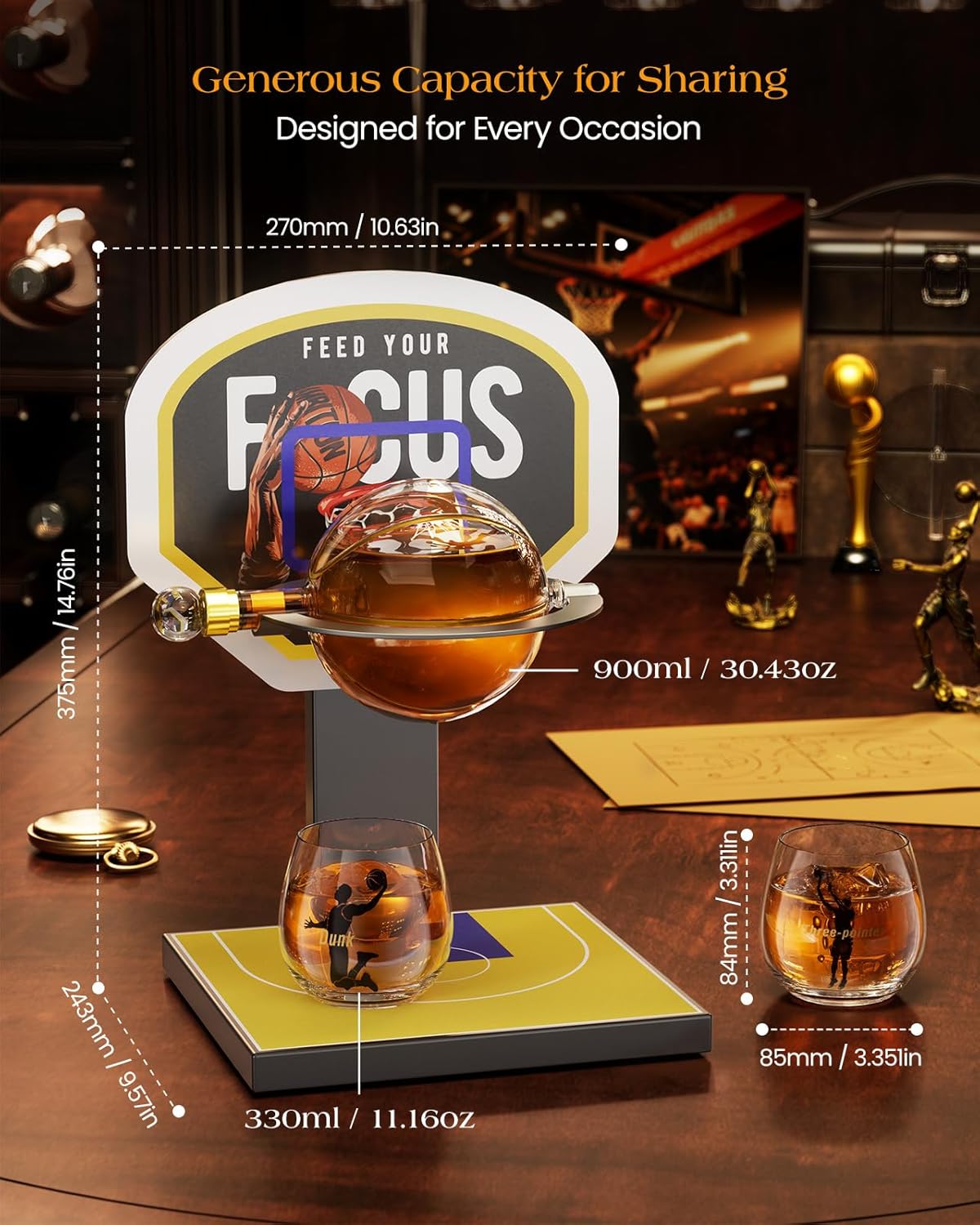 Kollea Basketball Whiskey Decanter Set with 2 Glasses - Yellow