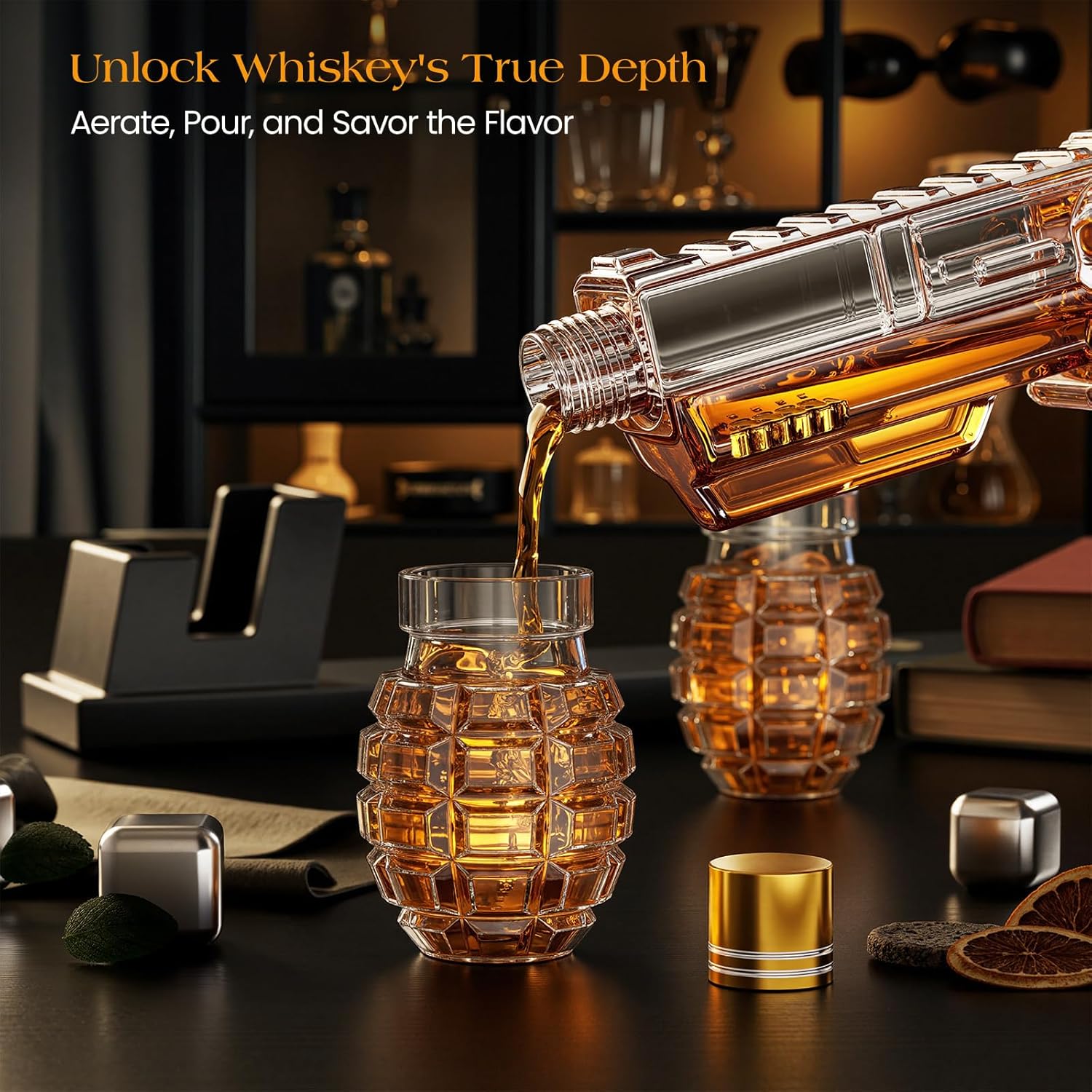 Kollea Whiskey Decanter Set with Grenade Shot Glasses