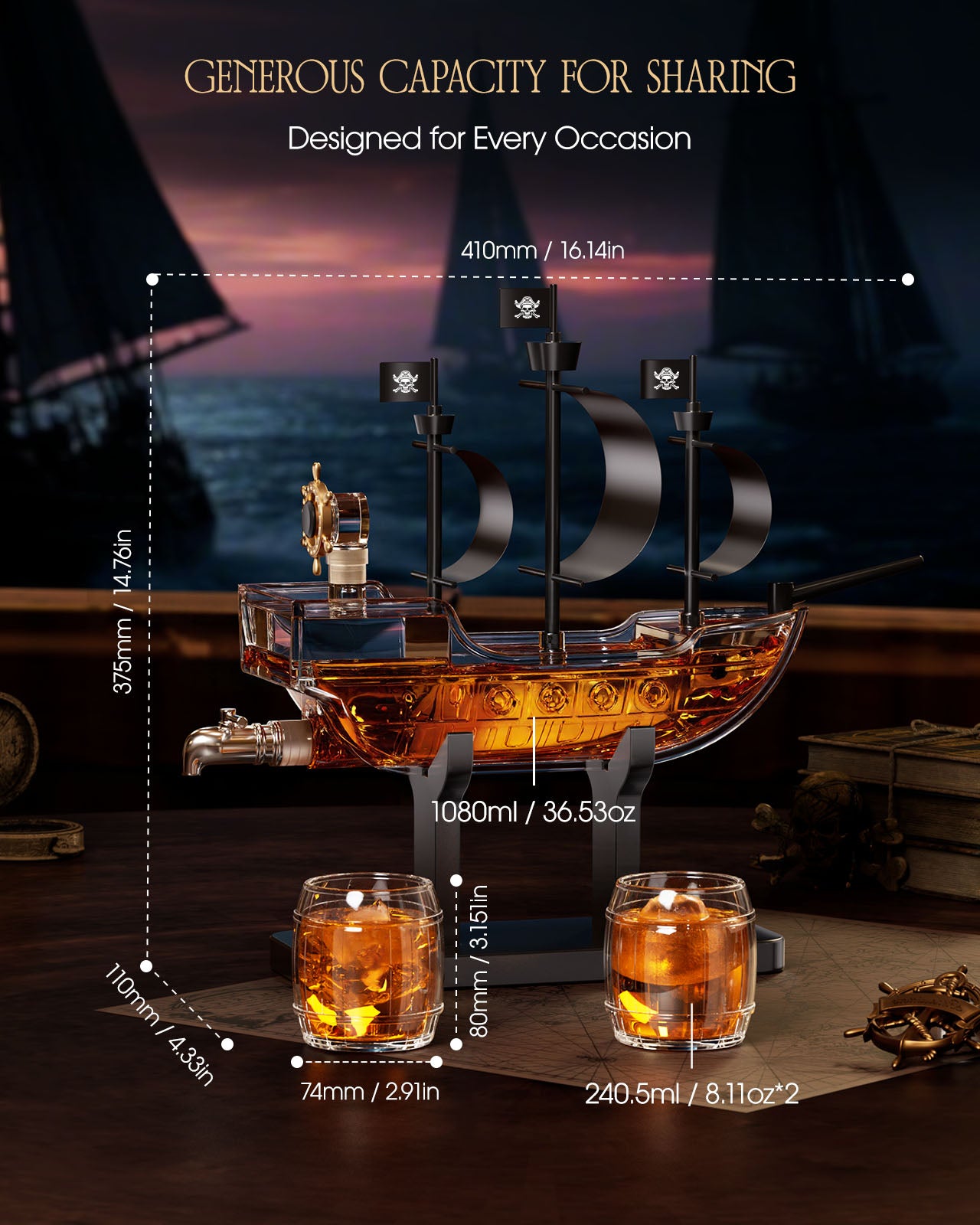 Pirate Ship Whiskey Decanter Set with 2 Glasses