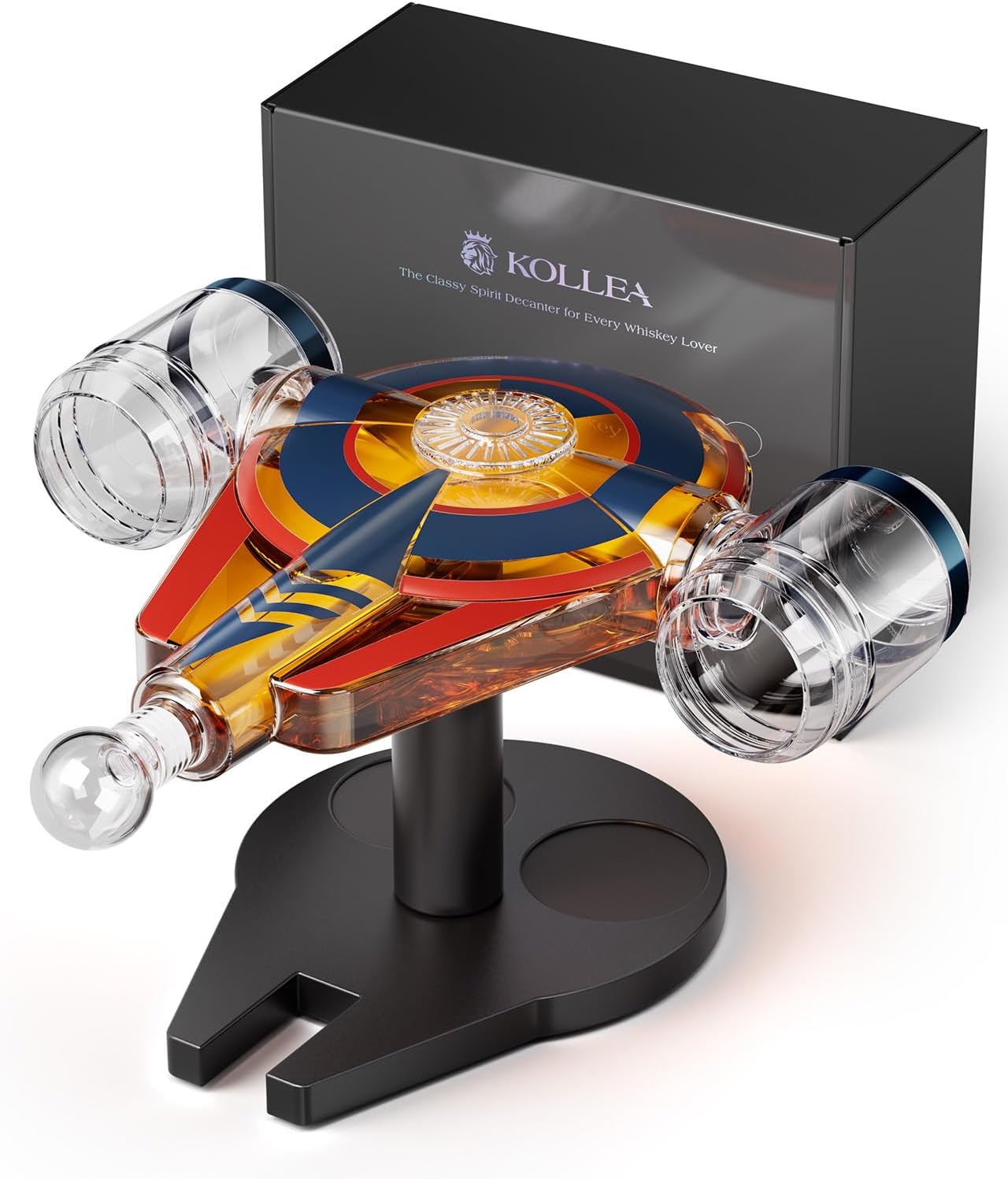 Kollea Spaceship Whiskey Decanter Sets for Men, Spacecraft Limited Edition, 2 Oak Barrel Shot Glasses, Unique Gift for Him
