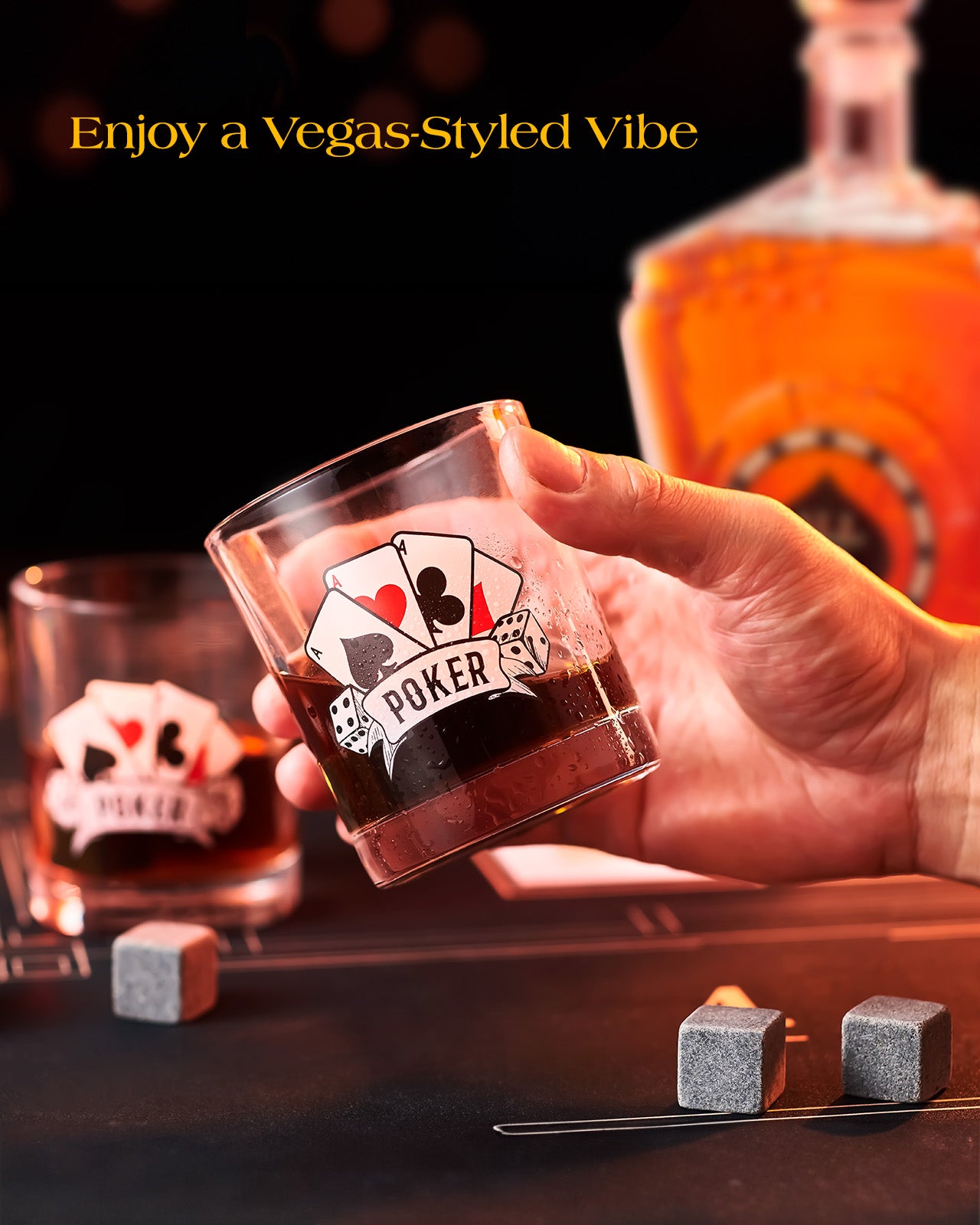 Kollea 27.05 Oz Texas Hold'em Poker Whiskey Decanter Set, 2 Glasses & Whiskey Stones - Casino Style Blackjack Decanter, Unique Gift for Him