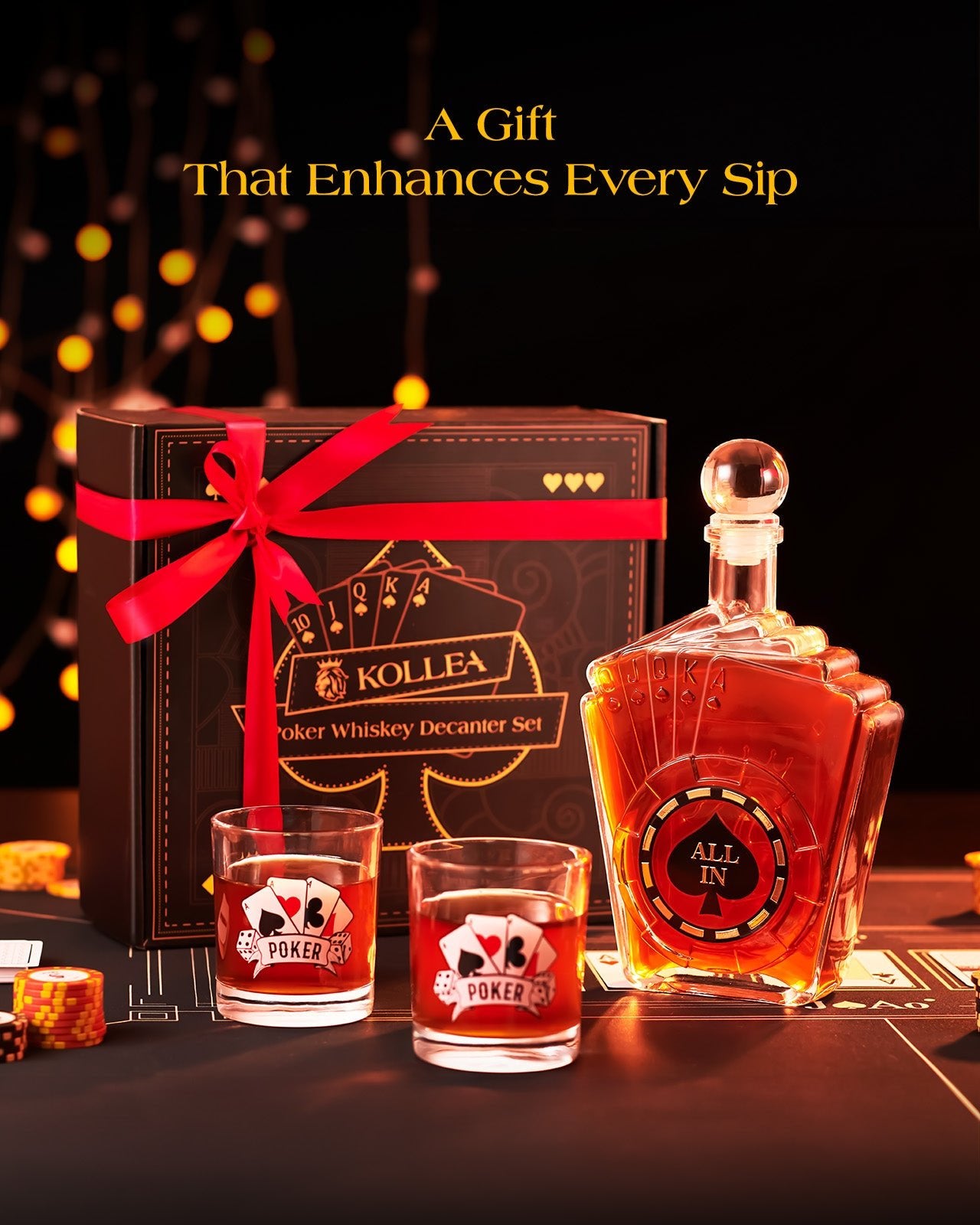 Kollea 27.05 Oz Texas Hold'em Poker Whiskey Decanter Set, 2 Glasses & Whiskey Stones - Casino Style Blackjack Decanter, Unique Gift for Him