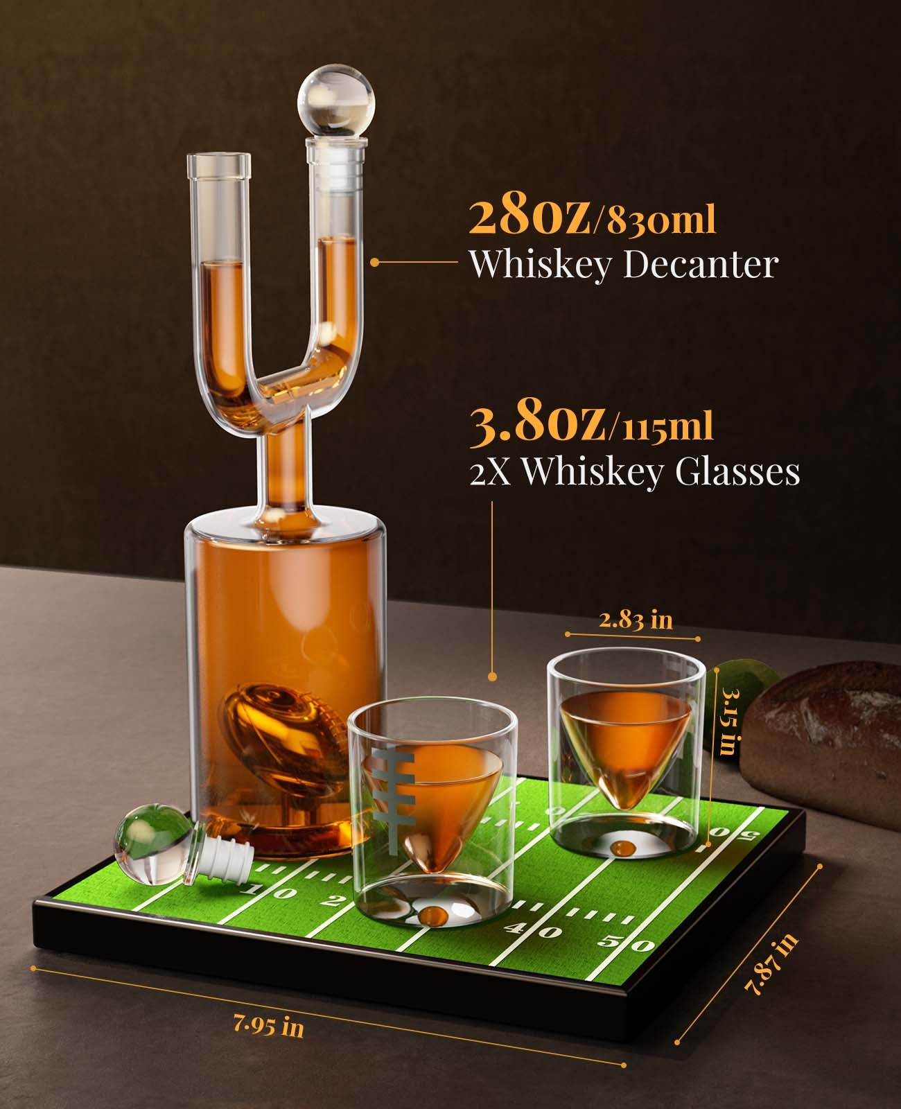 Kollea Football Uprights Whiskey Decanter Set, 28 Oz Whiskey Decanter with 2 Glasses