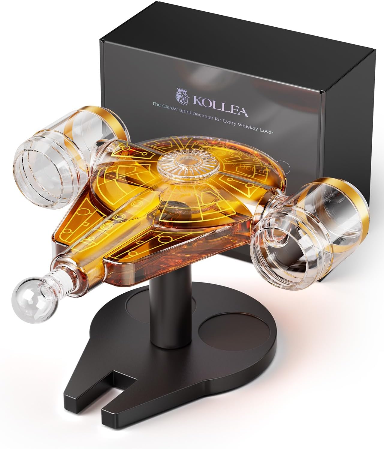 Kollea Spaceship Whiskey Decanter Sets for Men, Spacecraft Limited Edition, 2 Oak Barrel Shot Glasses, Unique Gift for Him