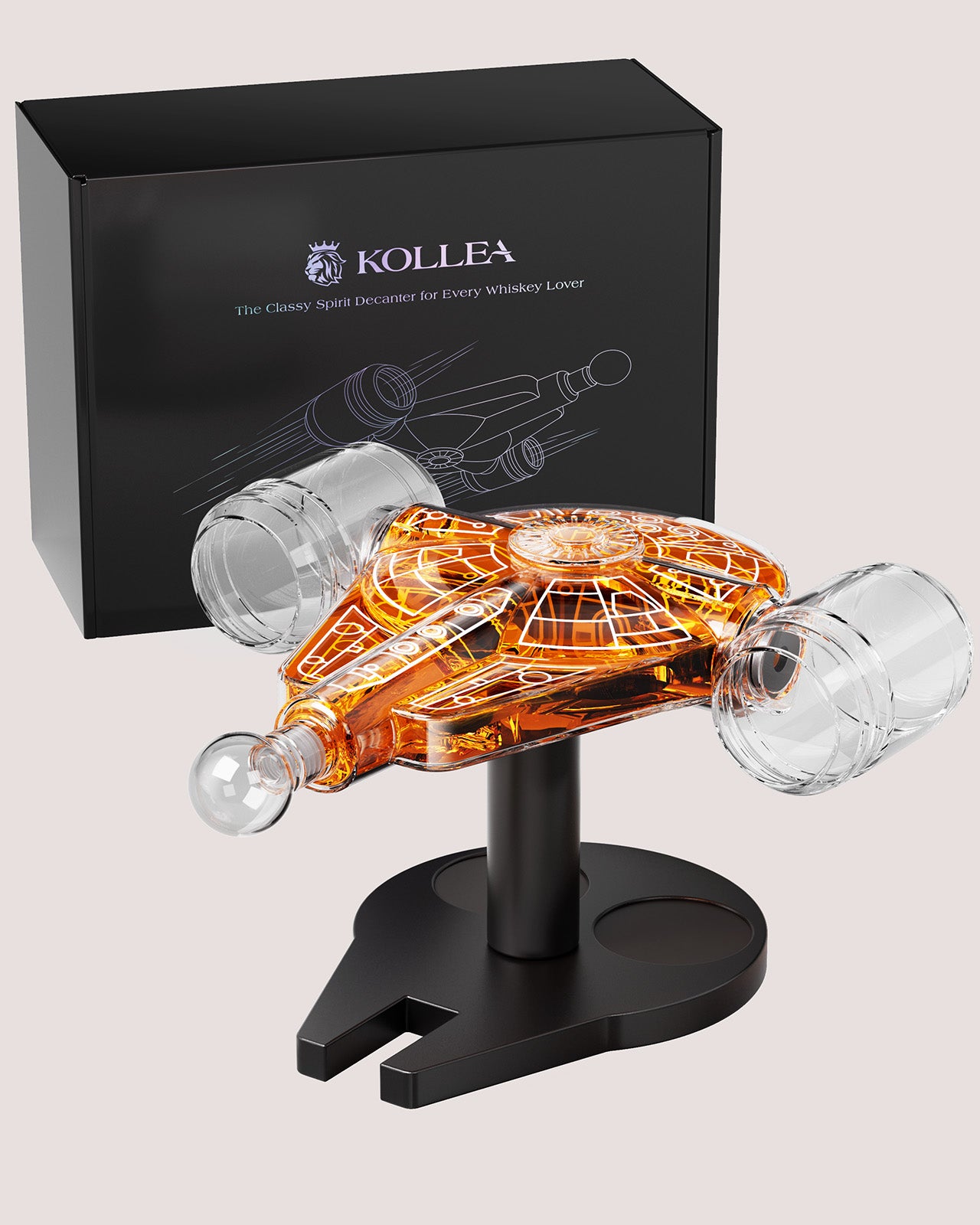 Kollea Spaceship Whiskey Decanter Sets for Men, Spacecraft Limited Edition, 2 Oak Barrel Shot Glasses, Unique Gift for Him