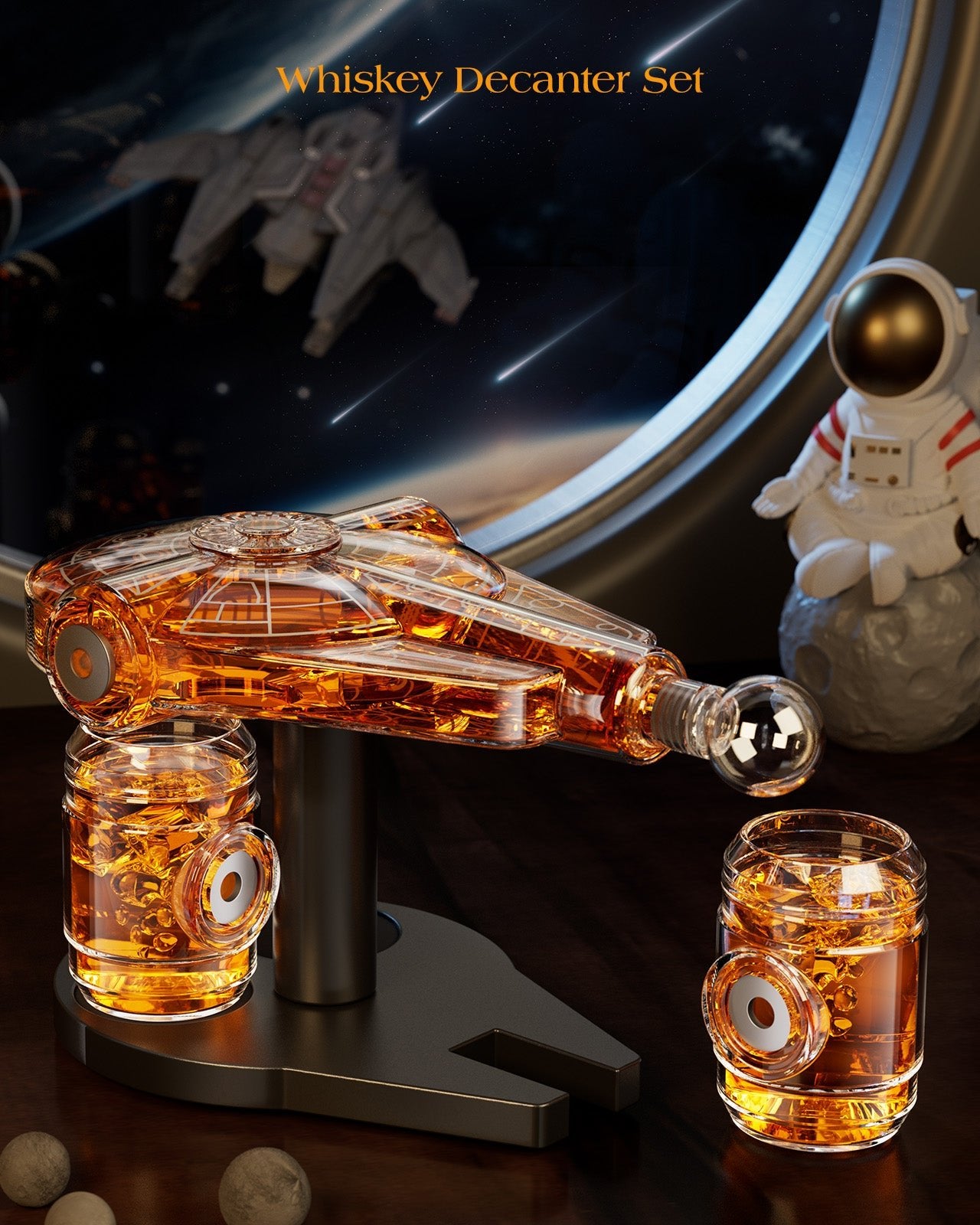 Kollea Spaceship Whiskey Decanter Sets for Men, Spacecraft Limited Edition, 2 Oak Barrel Shot Glasses, Unique Gift for Him