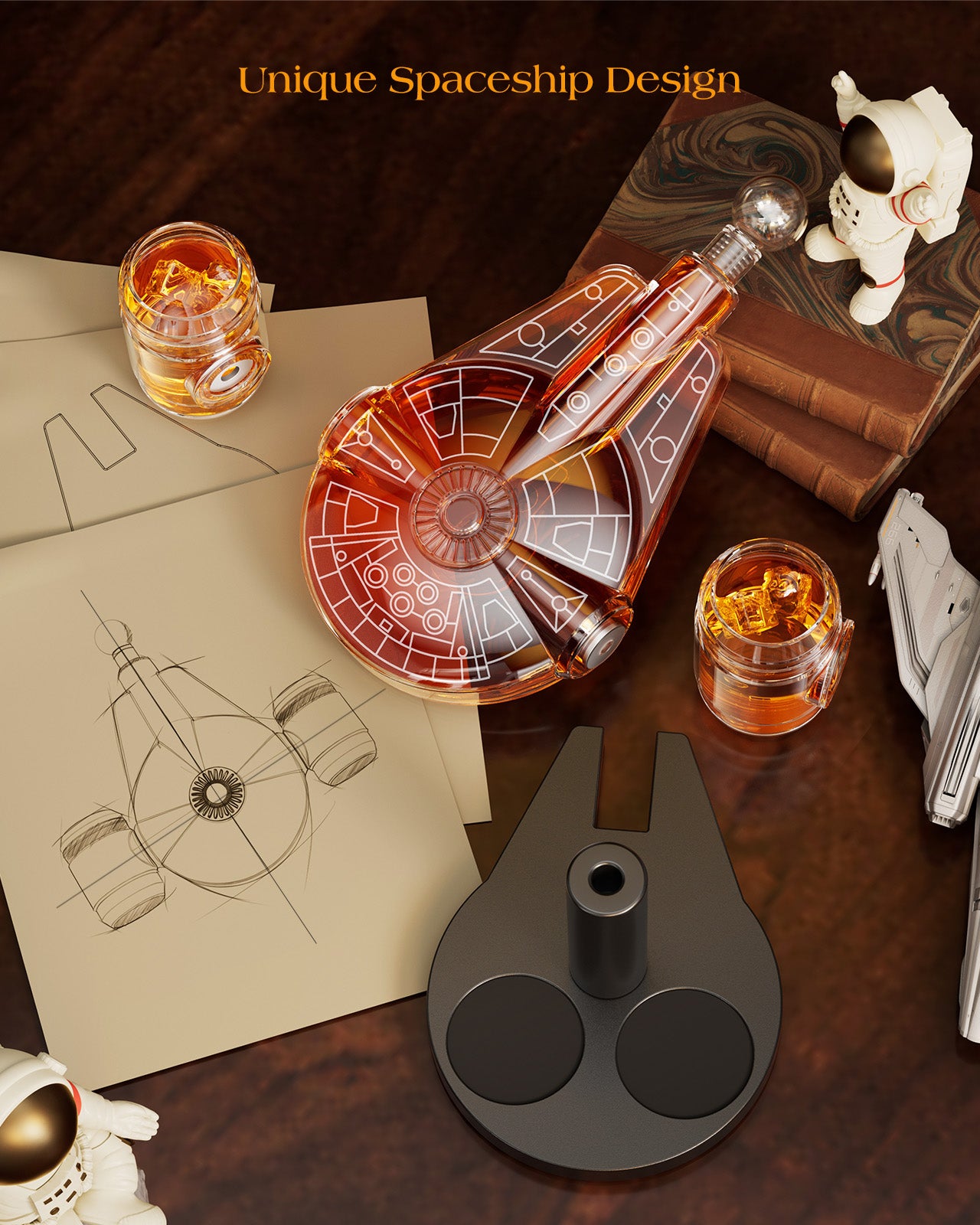 Kollea Spaceship Whiskey Decanter Sets for Men, Spacecraft Limited Edition, 2 Oak Barrel Shot Glasses, Unique Gift for Him