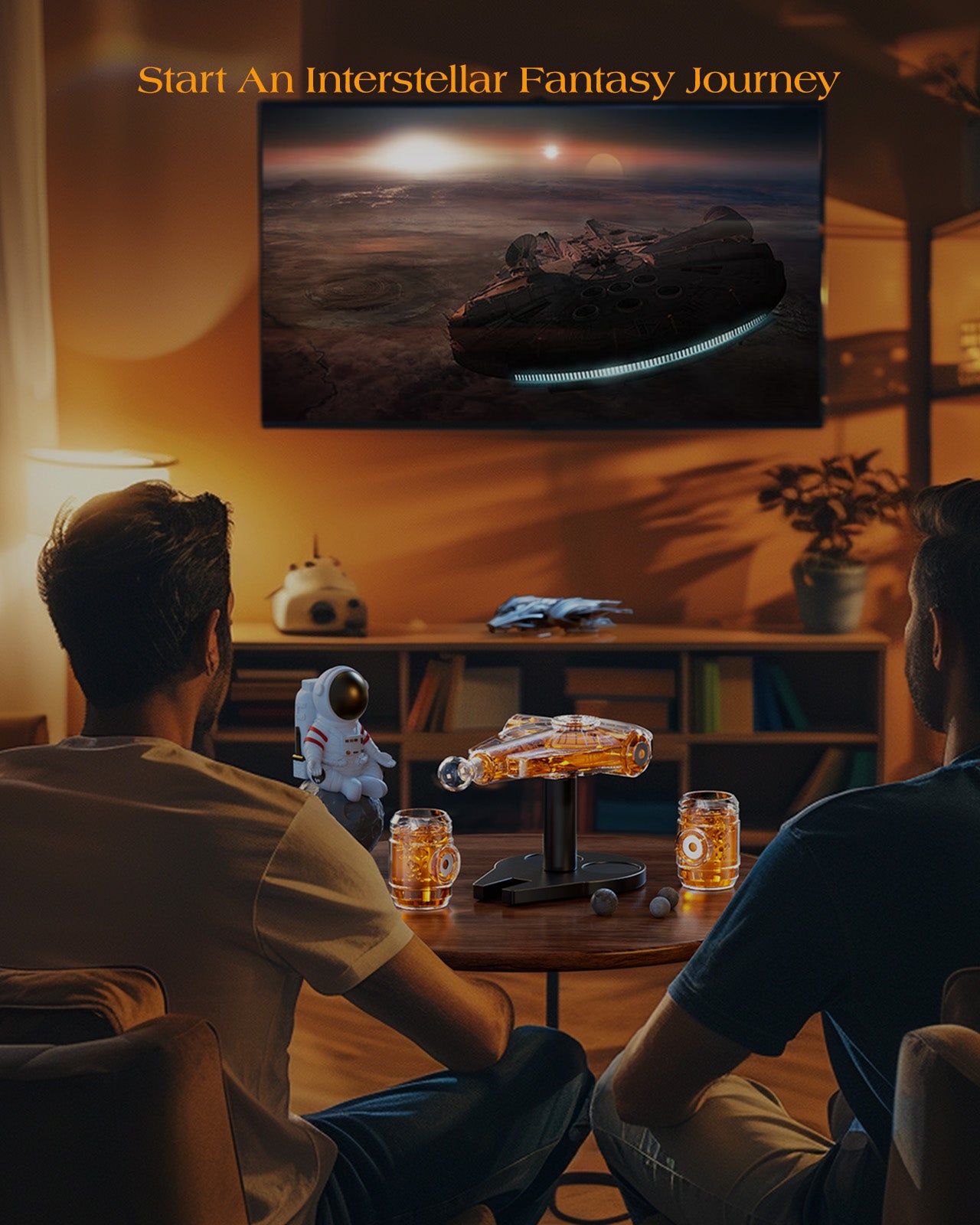 Kollea Spaceship Whiskey Decanter Sets for Men, Spacecraft Limited Edition, 2 Oak Barrel Shot Glasses, Unique Gift for Him