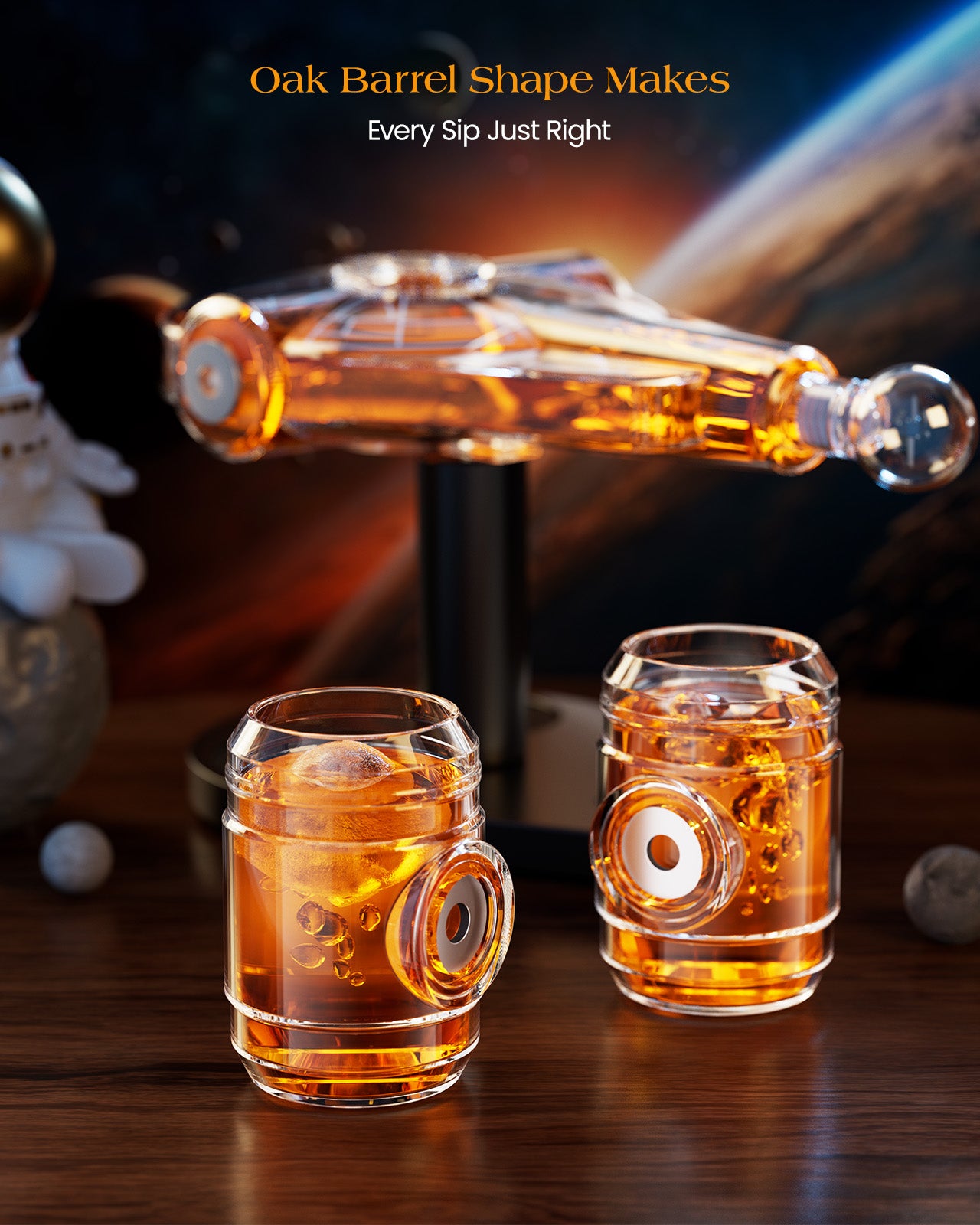 Kollea Spaceship Whiskey Decanter Sets for Men, Spacecraft Limited Edition, 2 Oak Barrel Shot Glasses, Unique Gift for Him