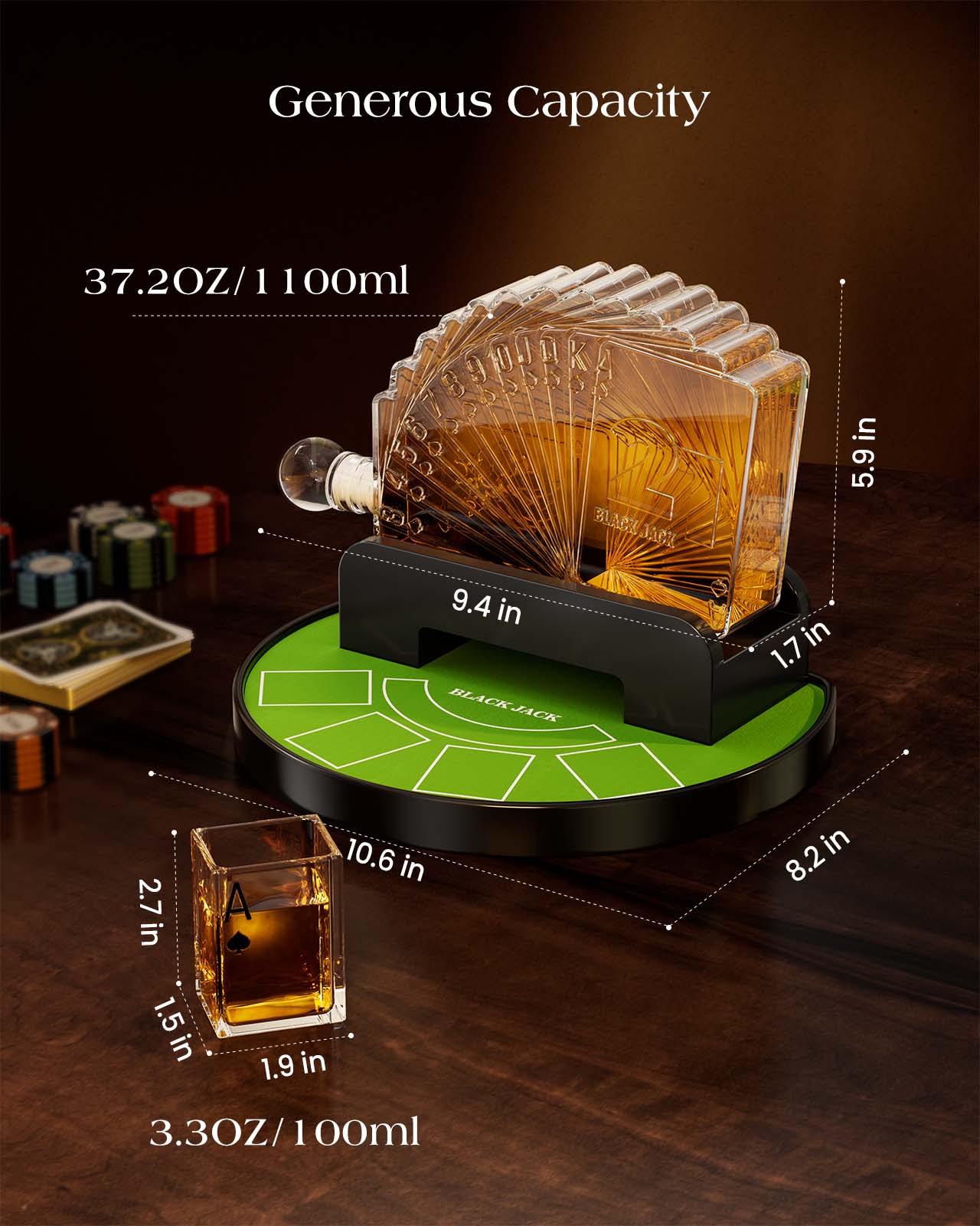 Kollea 37.2 Oz Blackjack Whiskey Decanter Set with 4 Glasses