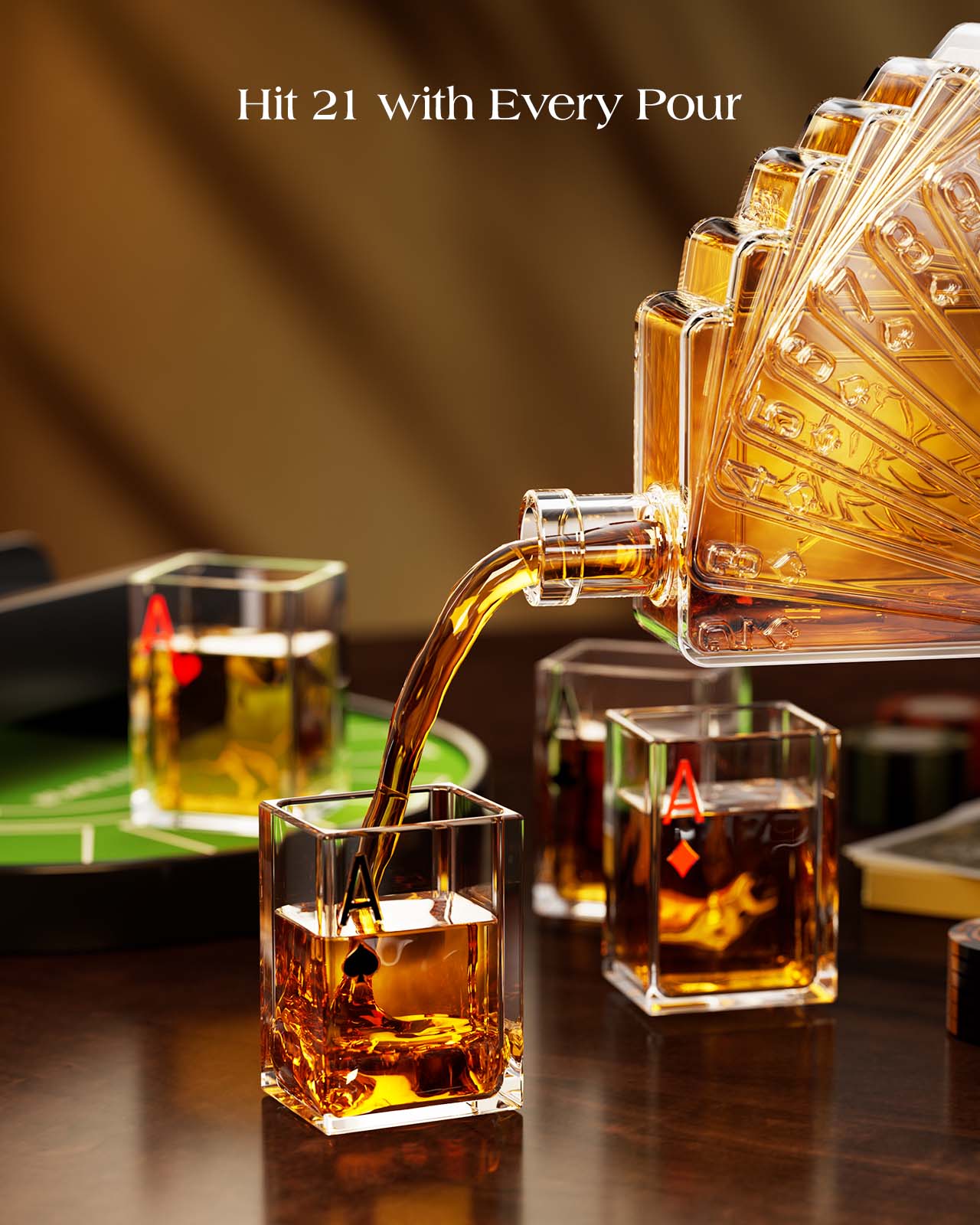 Kollea Carafe à Whisky Blackjack 1100ml Avec 4 Verres Casino - Cadeau Anniversaire Homme, Papa, Poker - Style Luxueux