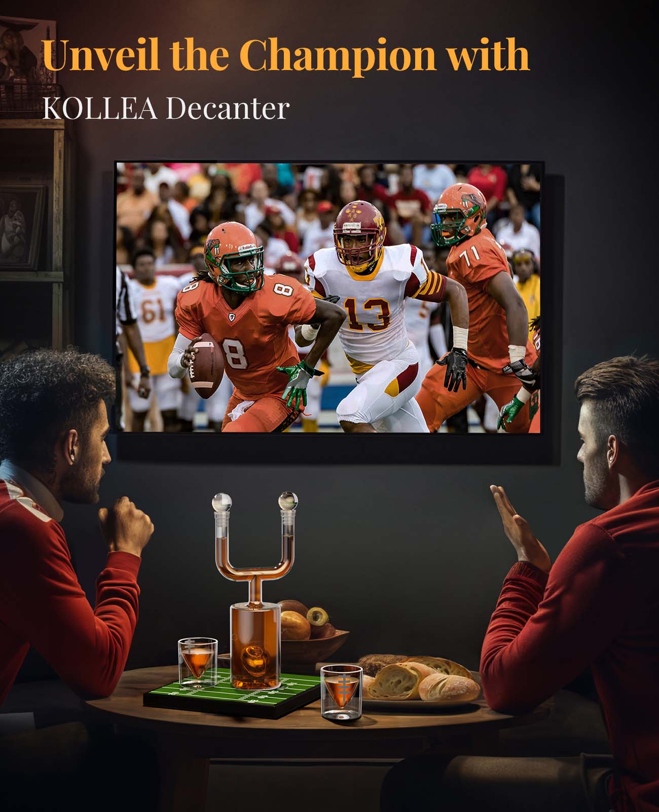 Kollea Football Uprights Whiskey Decanter Set, 28 Oz Whiskey Decanter with 2 Glasses